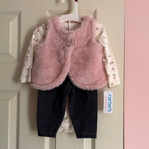 Carter's Pink Fuzzy Vest with Floral Long-Sleeve Bodysuit & Navy Pants